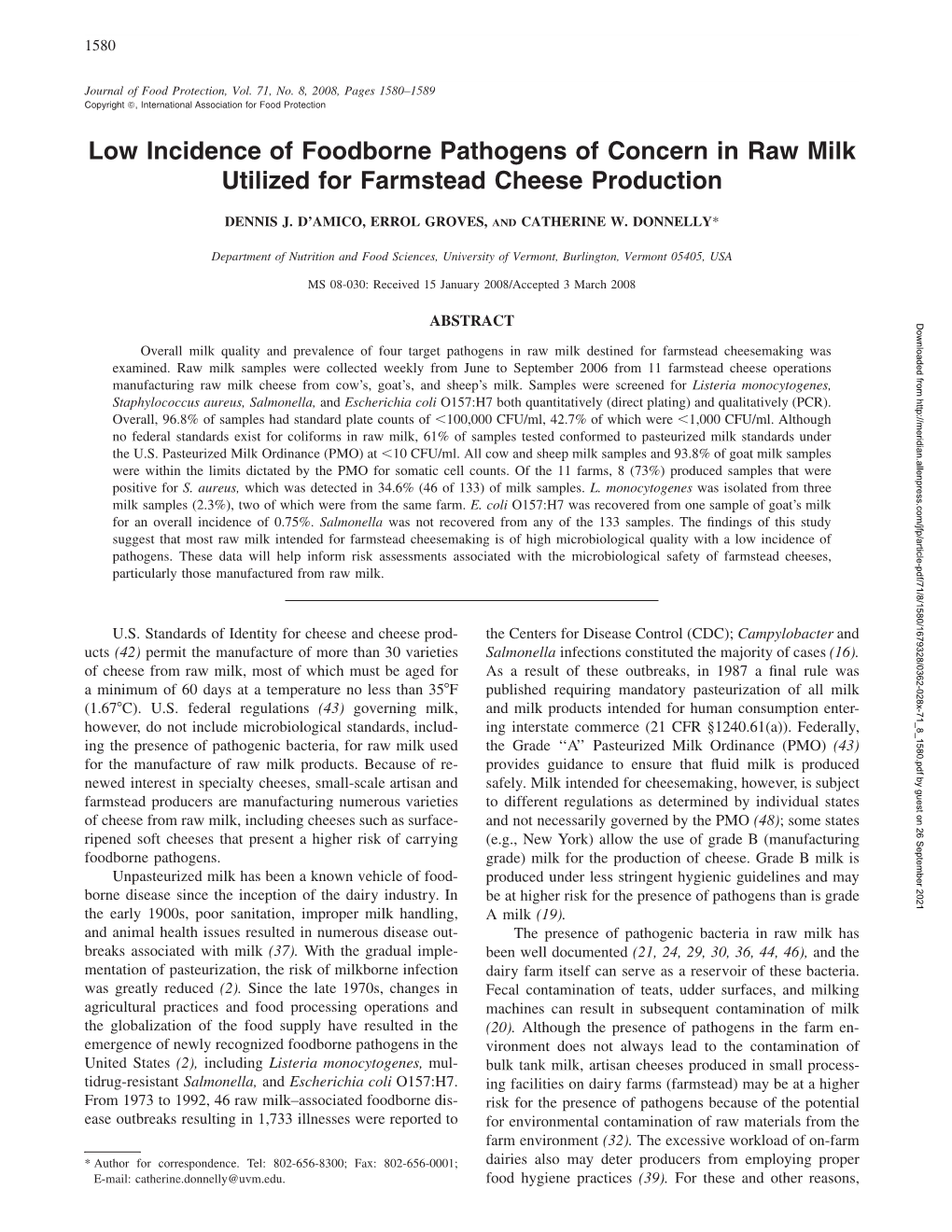 Low Incidence of Foodborne Pathogens of Concern in Raw Milk Utilized for Farmstead Cheese Production