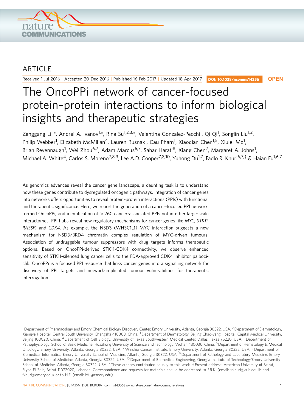 The Oncoppi Network of Cancer-Focused Protein&Ndash