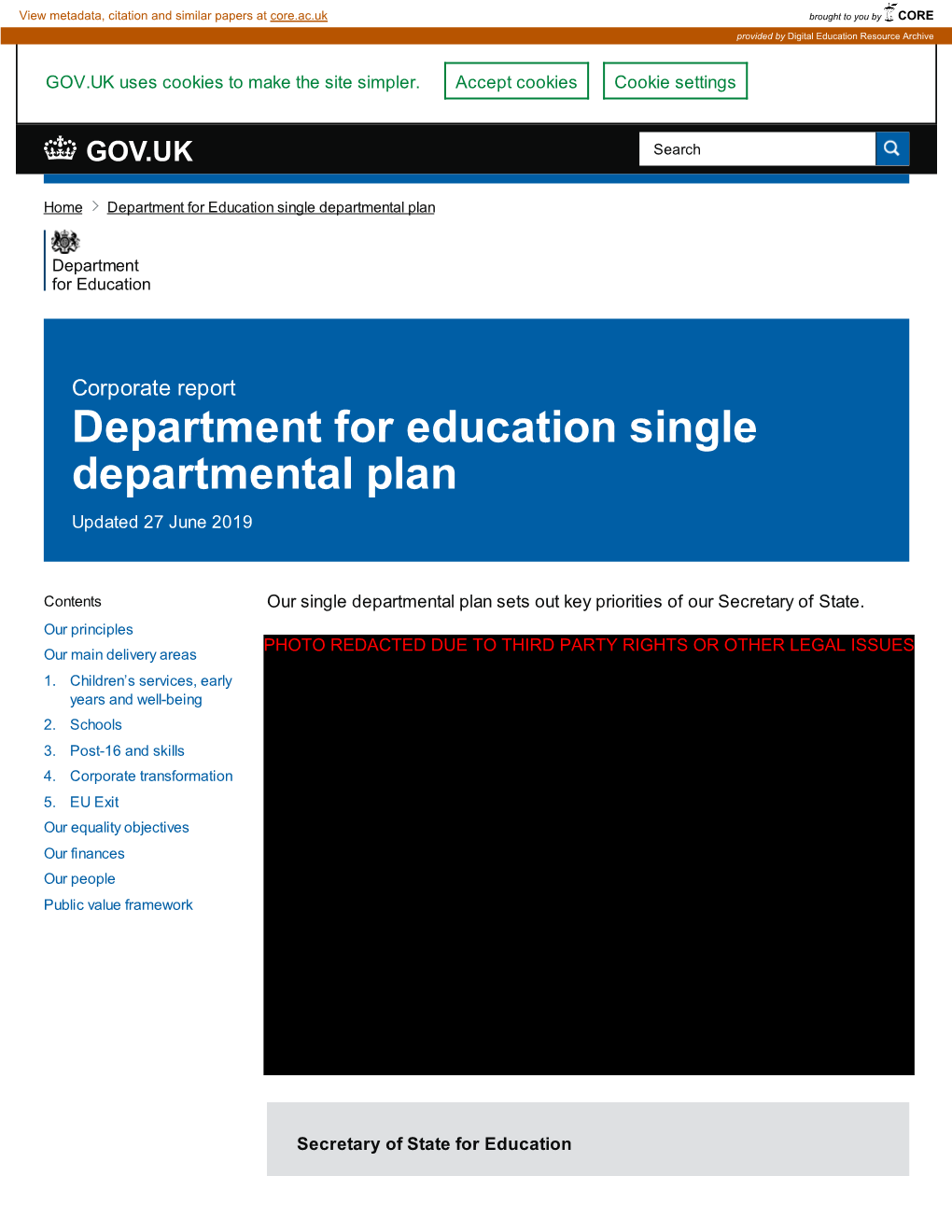 Department for Education Single Departmental Plan
