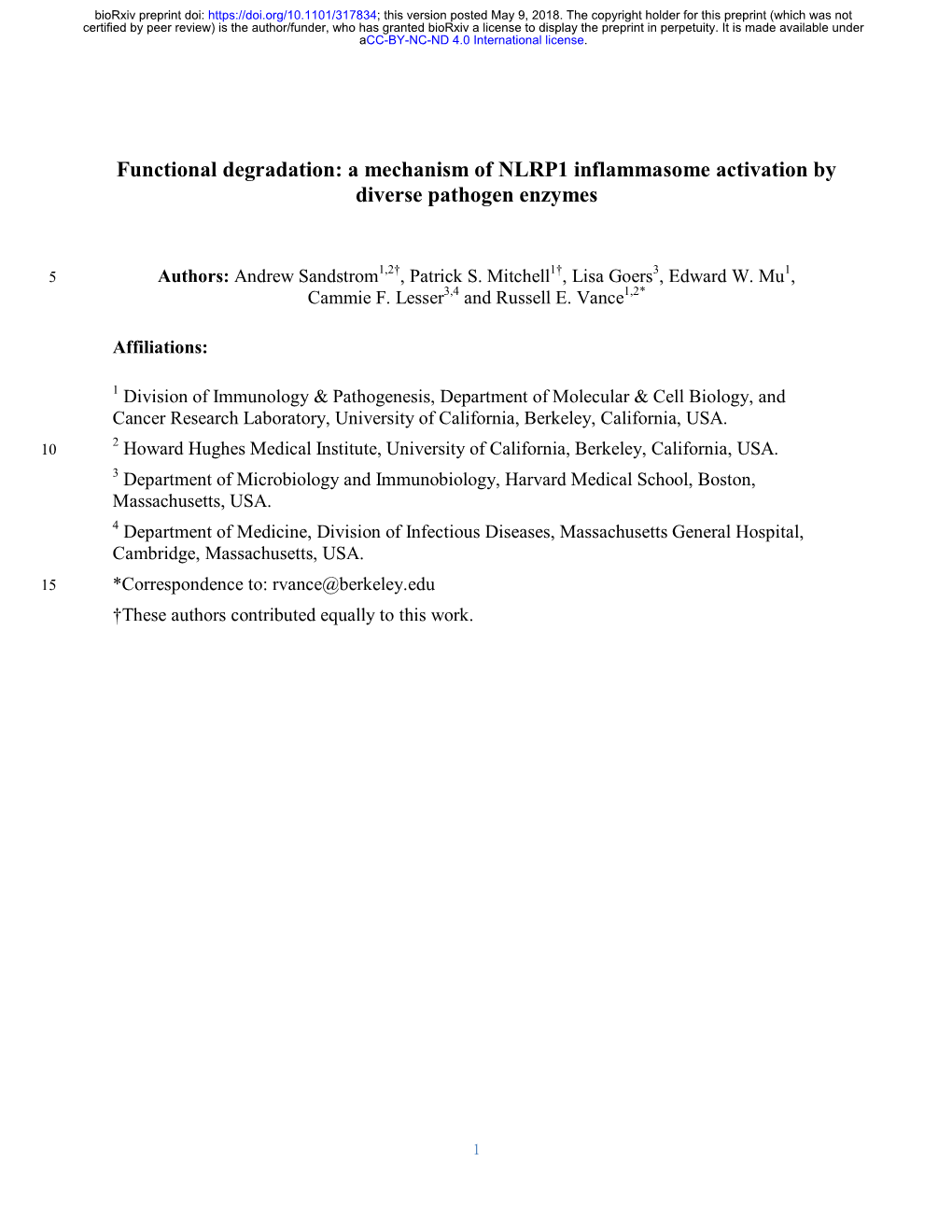 Functional Degradation: a Mechanism of NLRP1 Inflammasome Activation by Diverse Pathogen Enzymes