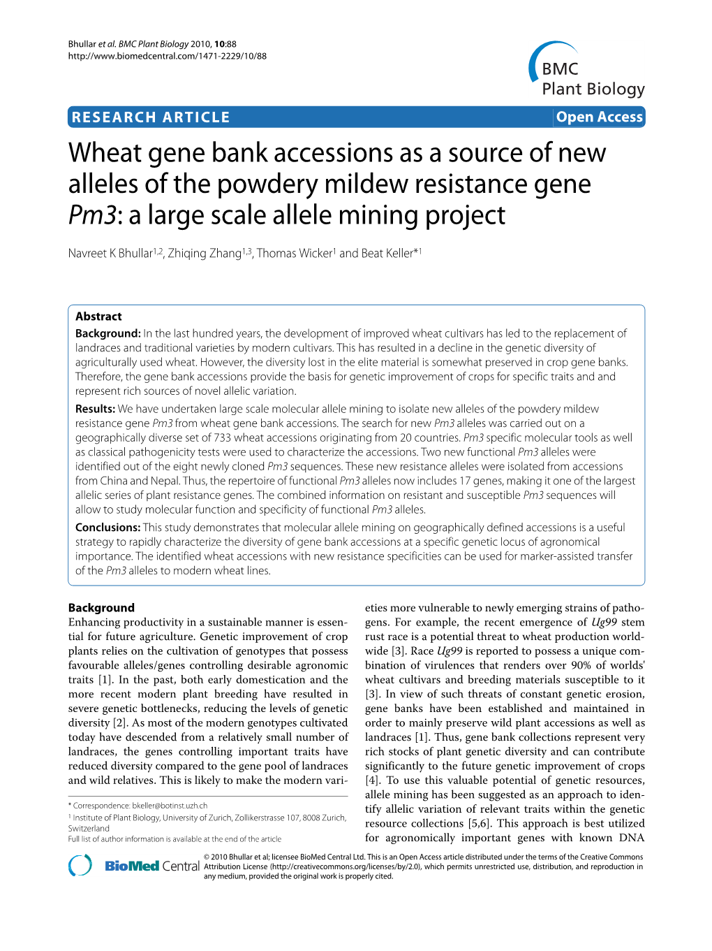 Wheat Gene Bank Accessions As a Source of New Alleles of the Powdery Mildew Resistance Gene Pm3: a Large Scale Allele Mining Project BMC Plant Biology 2010, 10:88