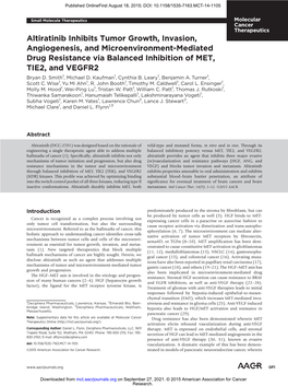 Altiratinib Inhibits Tumor Growth, Invasion, Angiogenesis, and Microenvironment-Mediated Drug Resistance Via Balanced Inhibition of MET, TIE2, and VEGFR2 Bryan D
