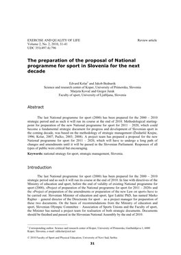 The Preparation of the Proposal of National Programme for Sport in Slovenia for the Next Decade