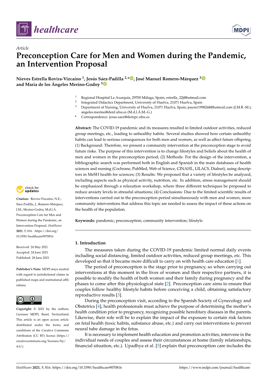 Preconception Care for Men and Women During the Pandemic, an Intervention Proposal