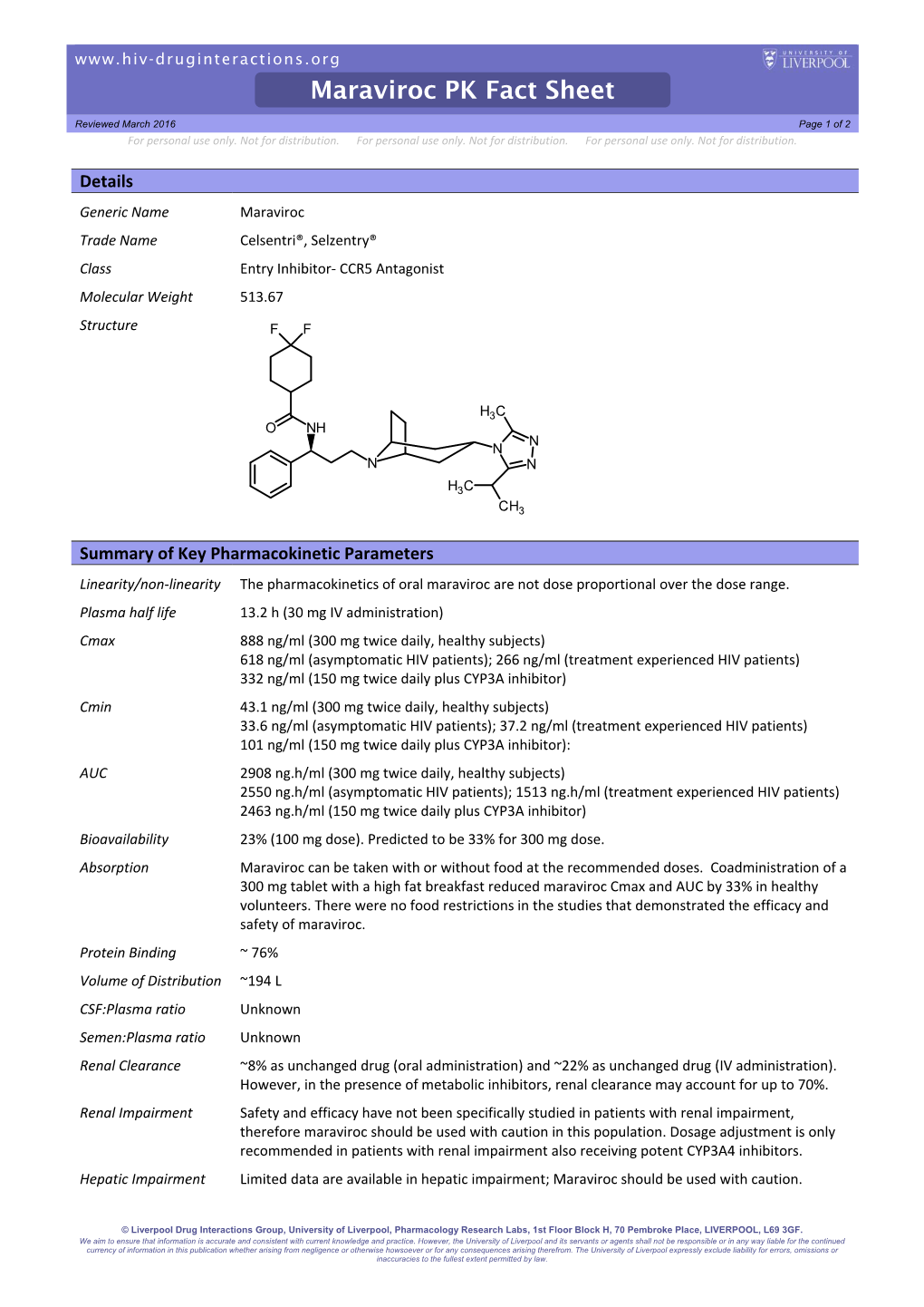 Maraviroc PK Fact Sheet Reviewed March 2016 Page 1 of 2 for Personal Use Only