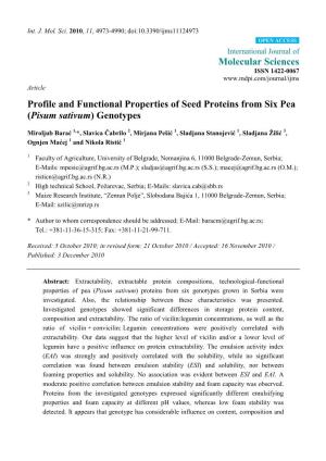 Profile and Functional Properties of Seed Proteins from Six Pea (Pisum Sativum) Genotypes