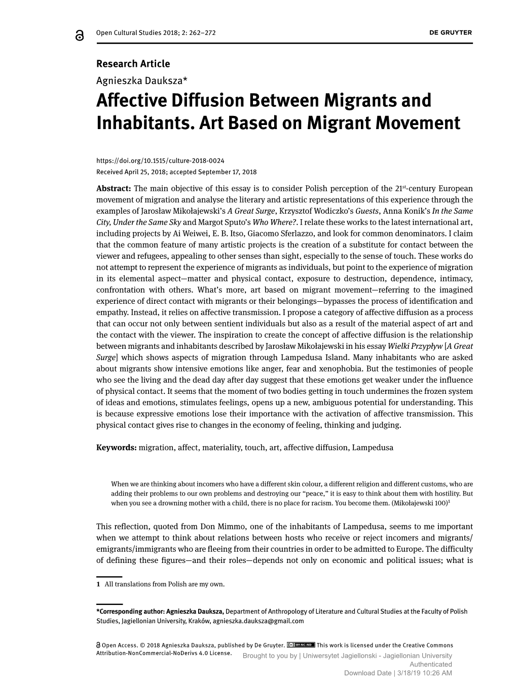 Affective Diffusion Between Migrants and Inhabitants. Case Of