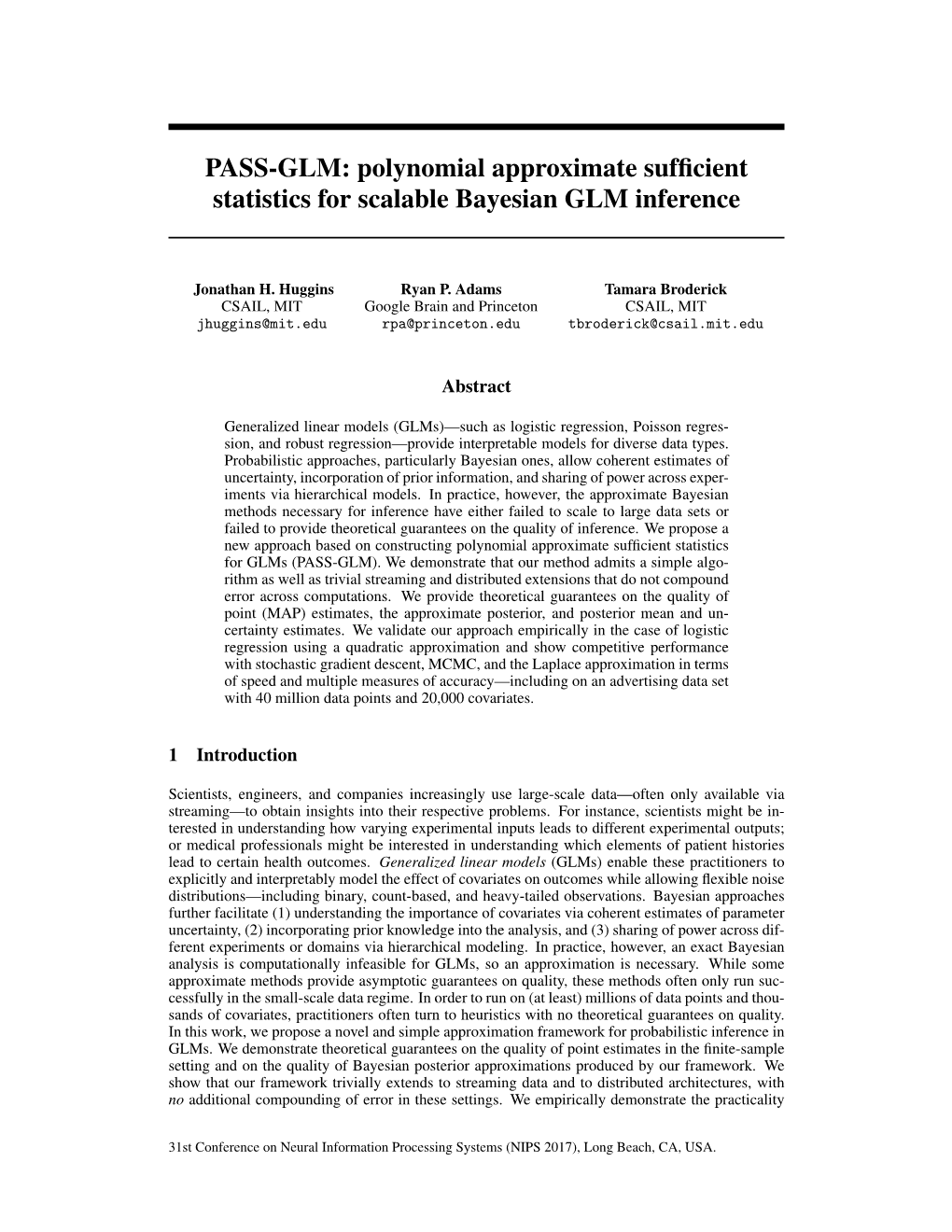 Polynomial Approximate Sufficient Statistics for Scalable Bayesian GLM