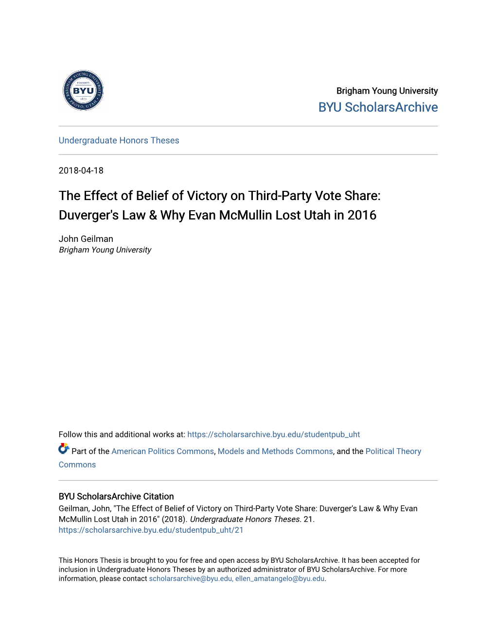 The Effect of Belief of Victory on Third-Party Vote Share: Duverger's Law & Why Evan Mcmullin Lost Utah in 2016