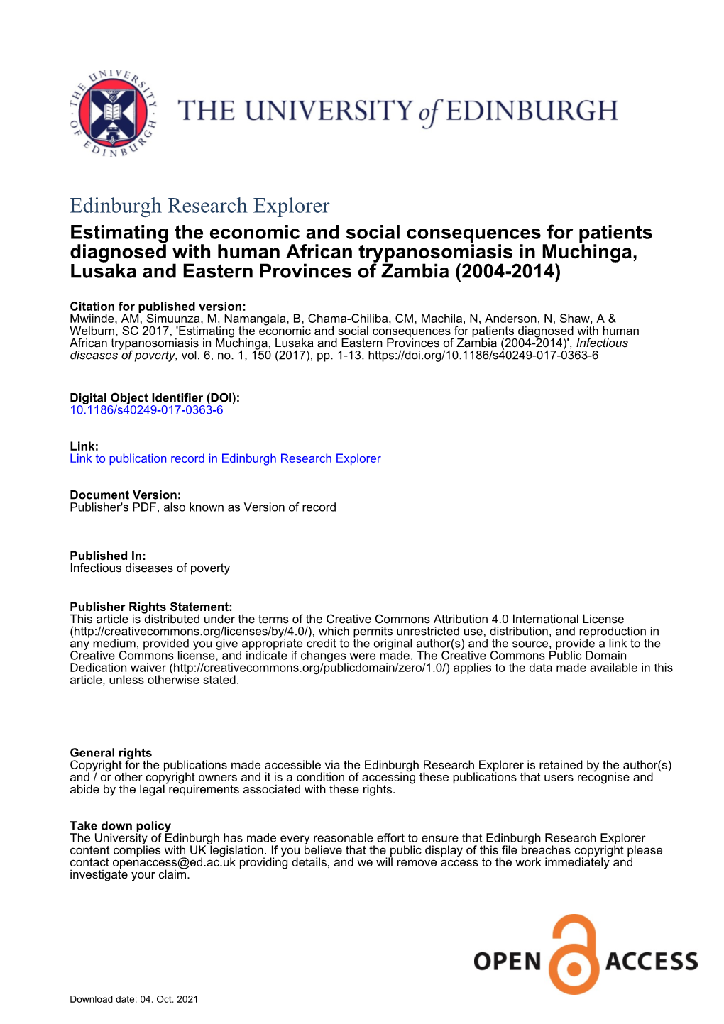 Estimating the Economic and Social Consequences for Patients Diagnosed with Human African Trypanosomiasis in Muchinga, Lusaka An