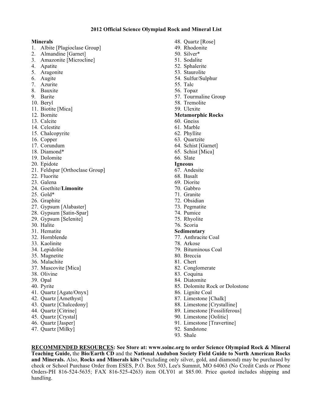 2012 Official Science Olympiad Rock and Mineral List Minerals 1. Albite