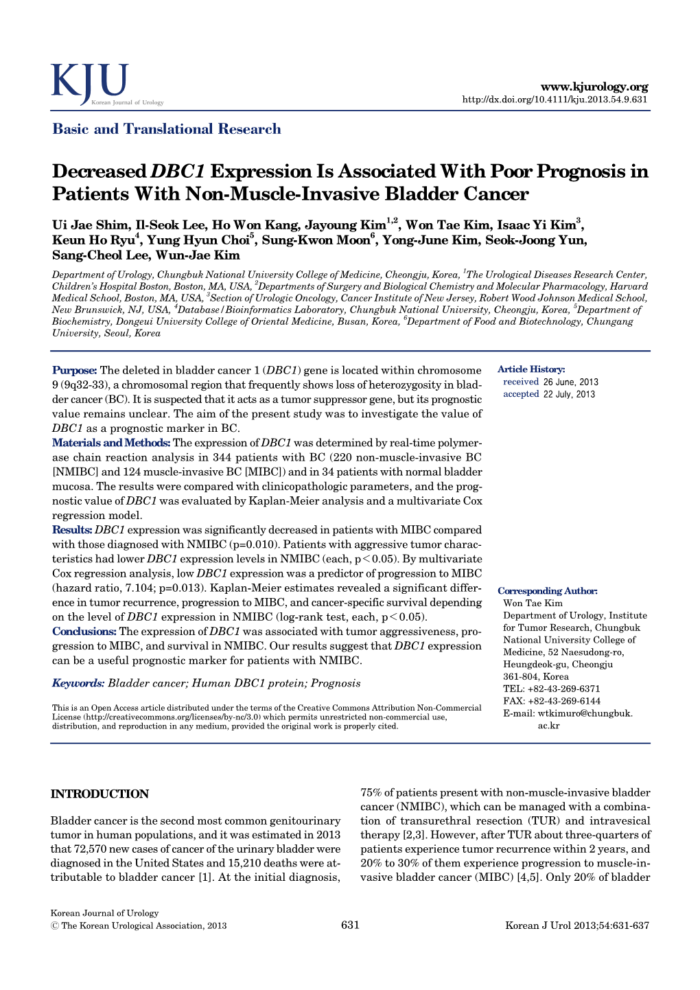 Decreased DBC1 Expression Is Associated with Poor Prognosis in Patients with Non-Muscle-Invasive Bladder Cancer