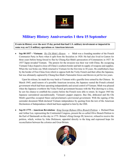 Military History Anniversaries 1 Thru 15 September