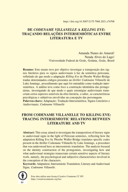 De Codename Villanelle a Killing Eve: Traçando Relações Intersemióticas Entre Literatura E Tv