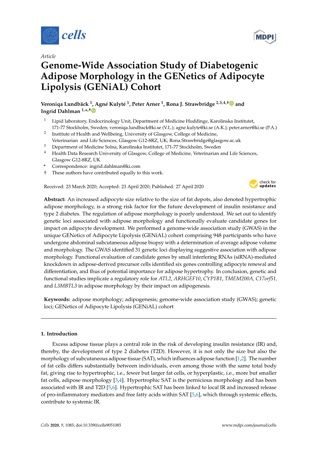 Genome-Wide Association Study of Diabetogenic Adipose Morphology in the Genetics of Adipocyte Lipolysis (Genial) Cohort