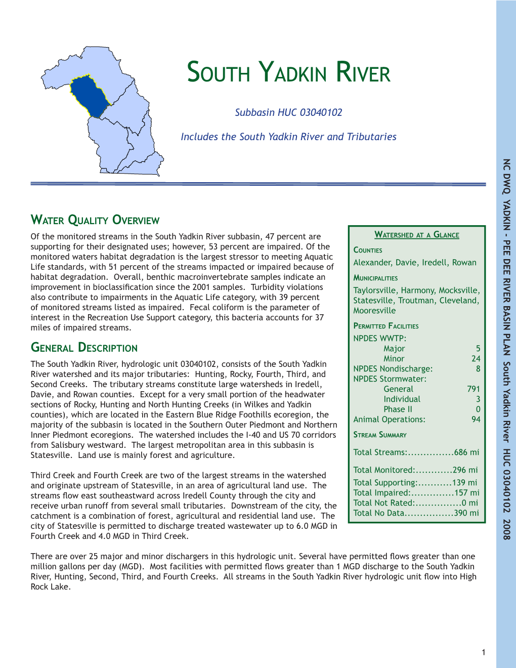 South Yadkin River and Tributaries NC DWQ YADKIN - PEE DEE RIVER BASIN PLAN South Yadkin River HUC 03040102 2008