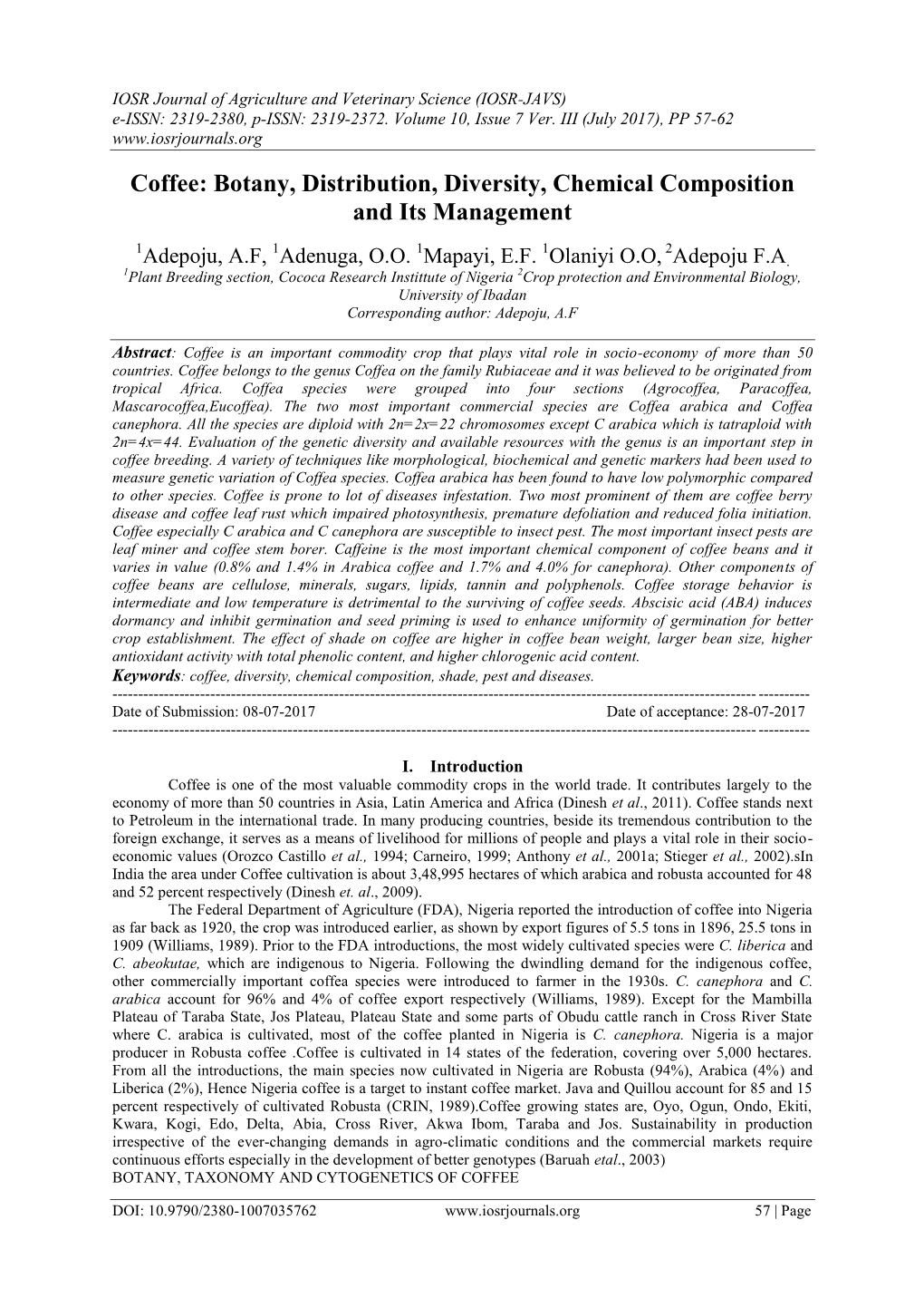 Coffee: Botany, Distribution, Diversity, Chemical Composition and Its Management