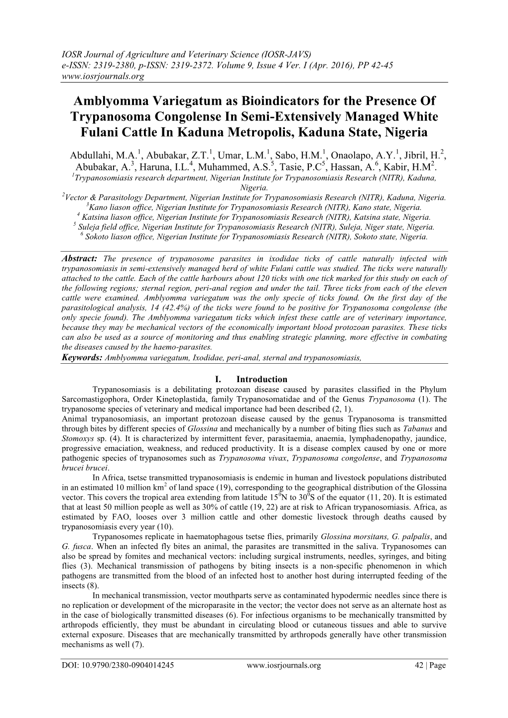 Amblyomma Variegatum As Bioindicators for the Presence of Trypanosoma Congolense in Semi-Extensively Managed White Fulani Cattle