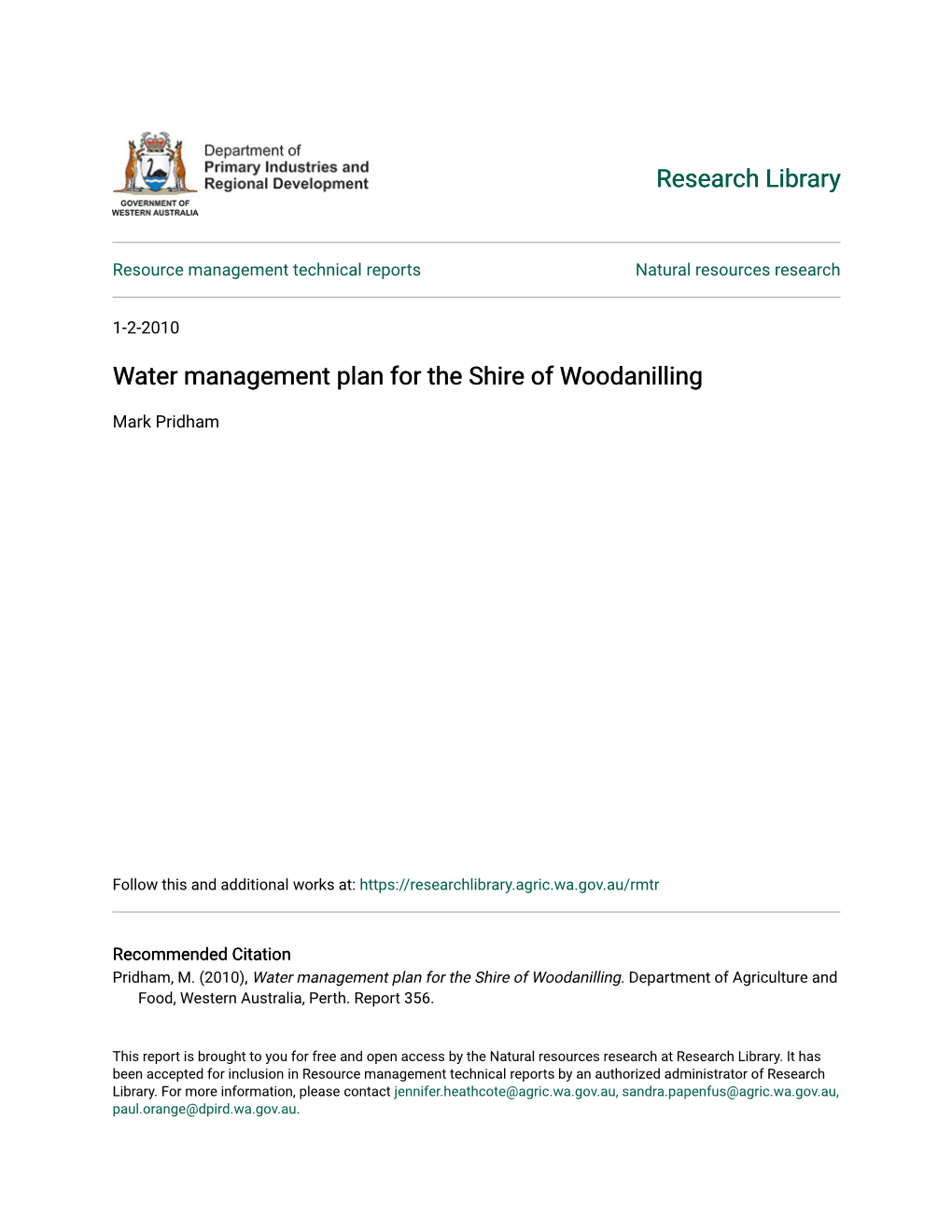 Water Management Plan for the Shire of Woodanilling