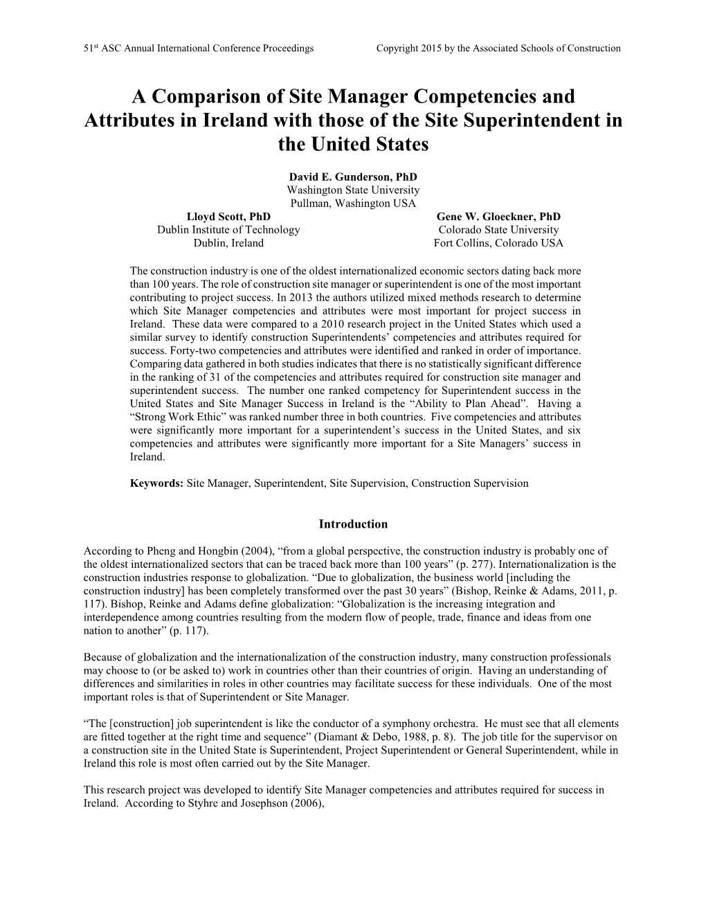 A Comparison of Site Manager Competencies and Attributes in Ireland with Those of the Site Superintendent in the United States