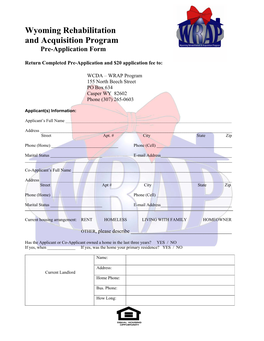 Wyoming Rehabilitation and Acquisition Program Pre-Application Form