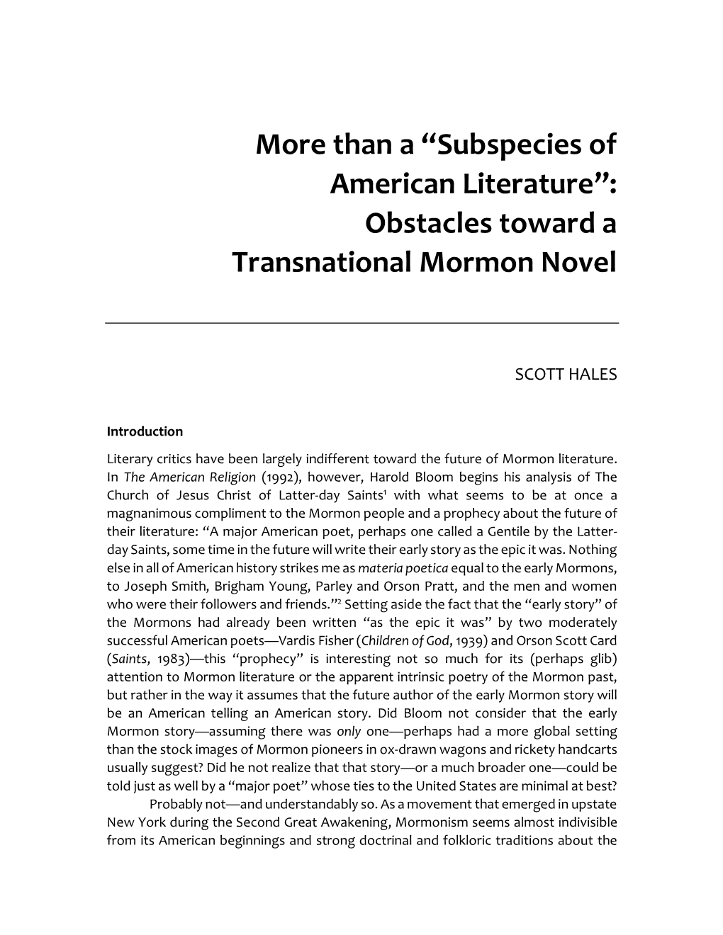 “Subspecies of American Literature”: Obstacles Toward a Transnational Mormon Novel