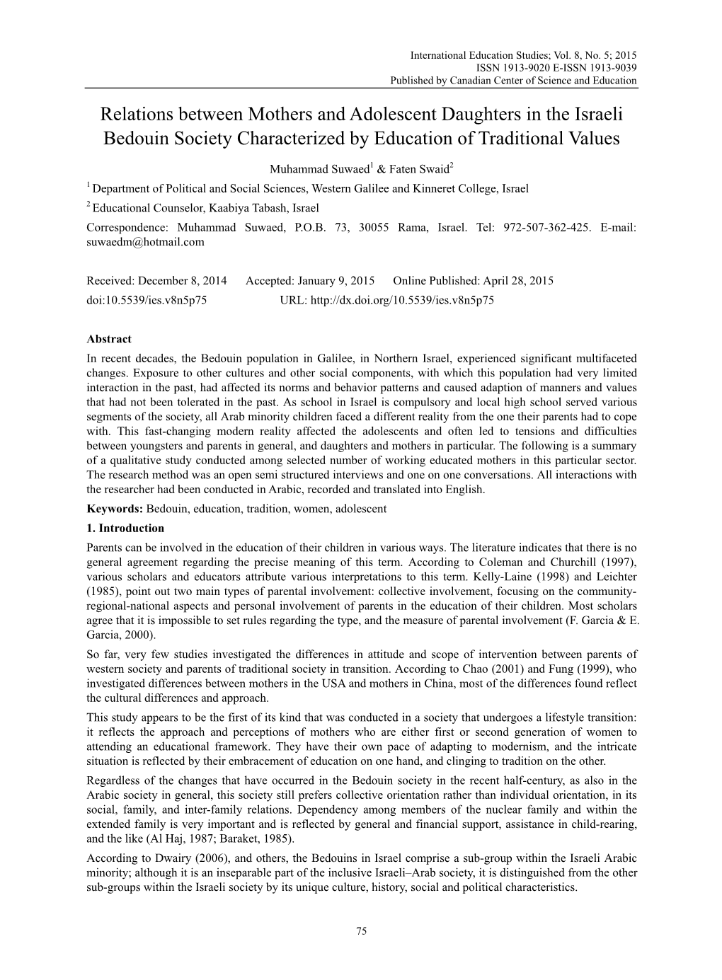 Relations Between Mothers and Adolescent Daughters in the Israeli Bedouin Society Characterized by Education of Traditional Values