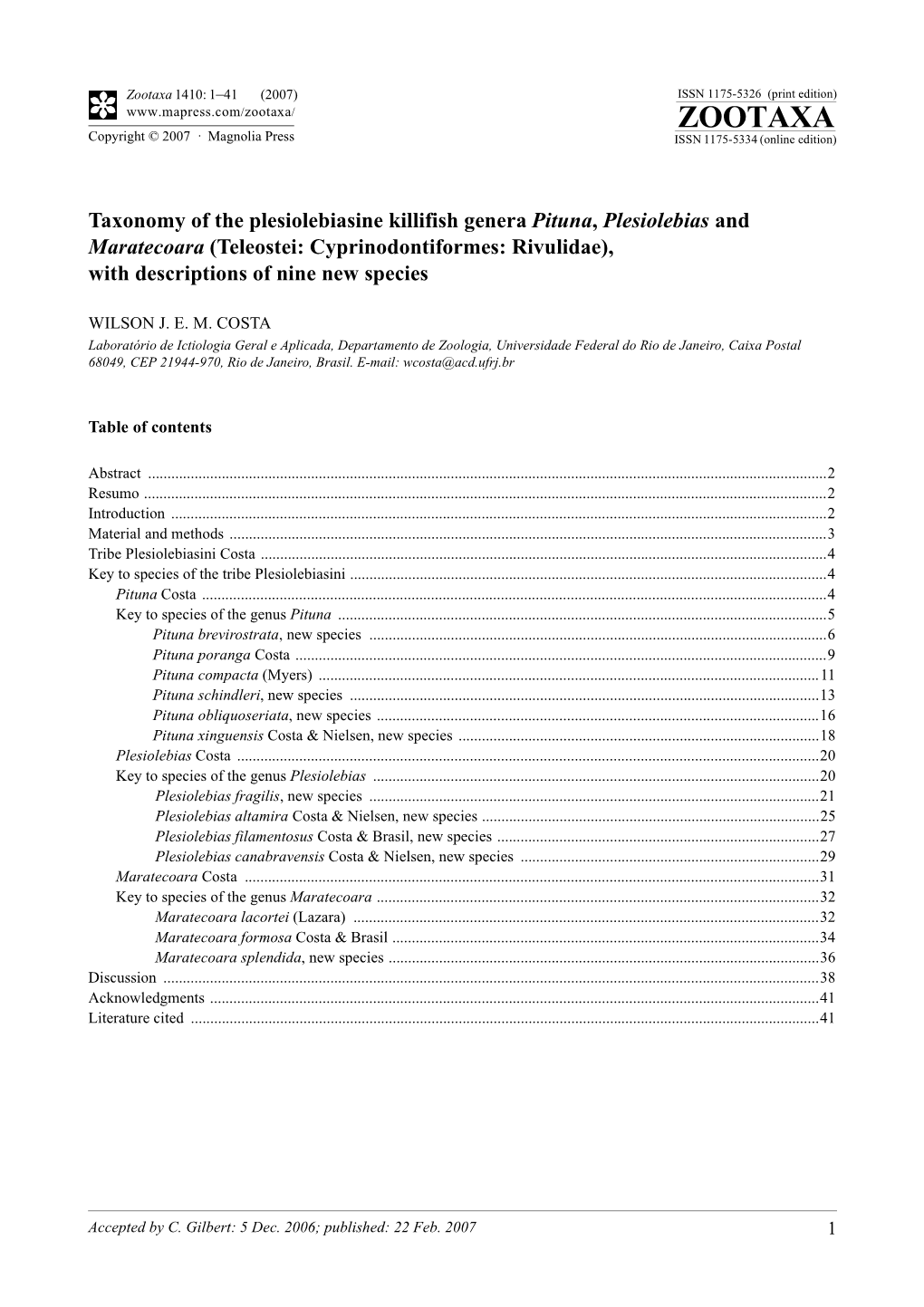 Zootaxa 1410: 1–41 (2007) ISSN 1175-5326 (Print Edition) ZOOTAXA Copyright © 2007 · Magnolia Press ISSN 1175-5334 (Online Edition)