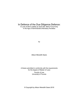 In Defence of the Due Diligence Defence: a Look at Strict Liability As Sault Ste