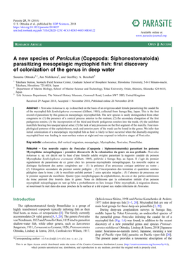 A New Species of Peniculus (Copepoda: Siphonostomatoida) Parasitizing Mesopelagic Myctophid Fish: First Discovery of Colonization of the Genus in Deep Water