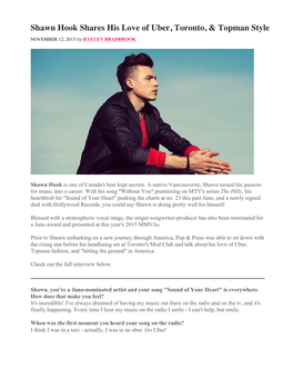 Shawn Hook Shares His Love of Uber, Toronto, & Topman Style