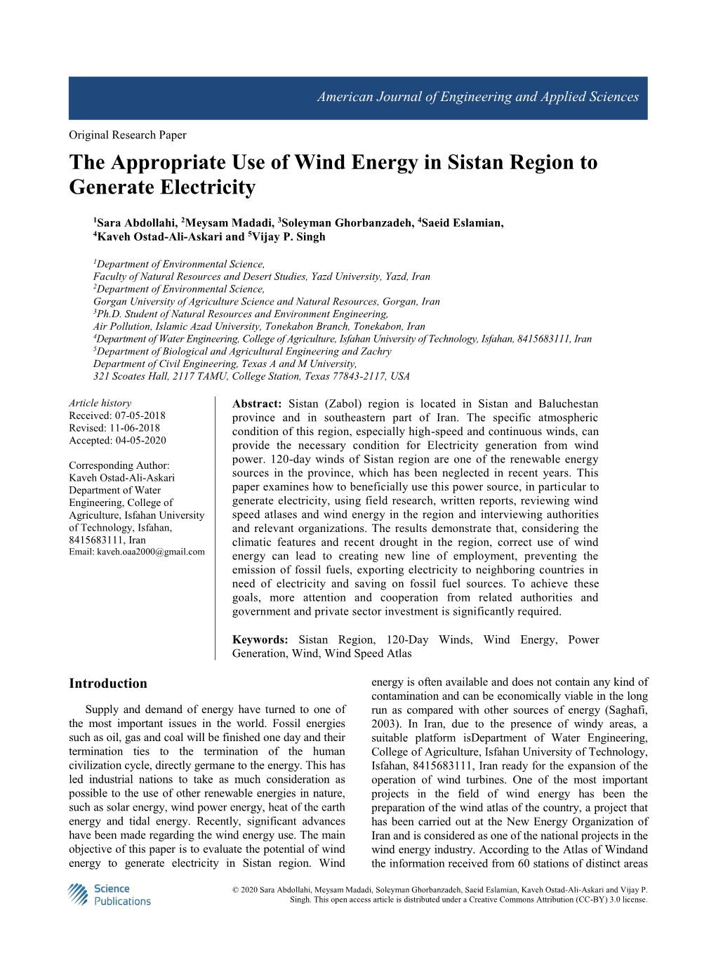 The Appropriate Use of Wind Energy in Sistan Region to Generate Electricity