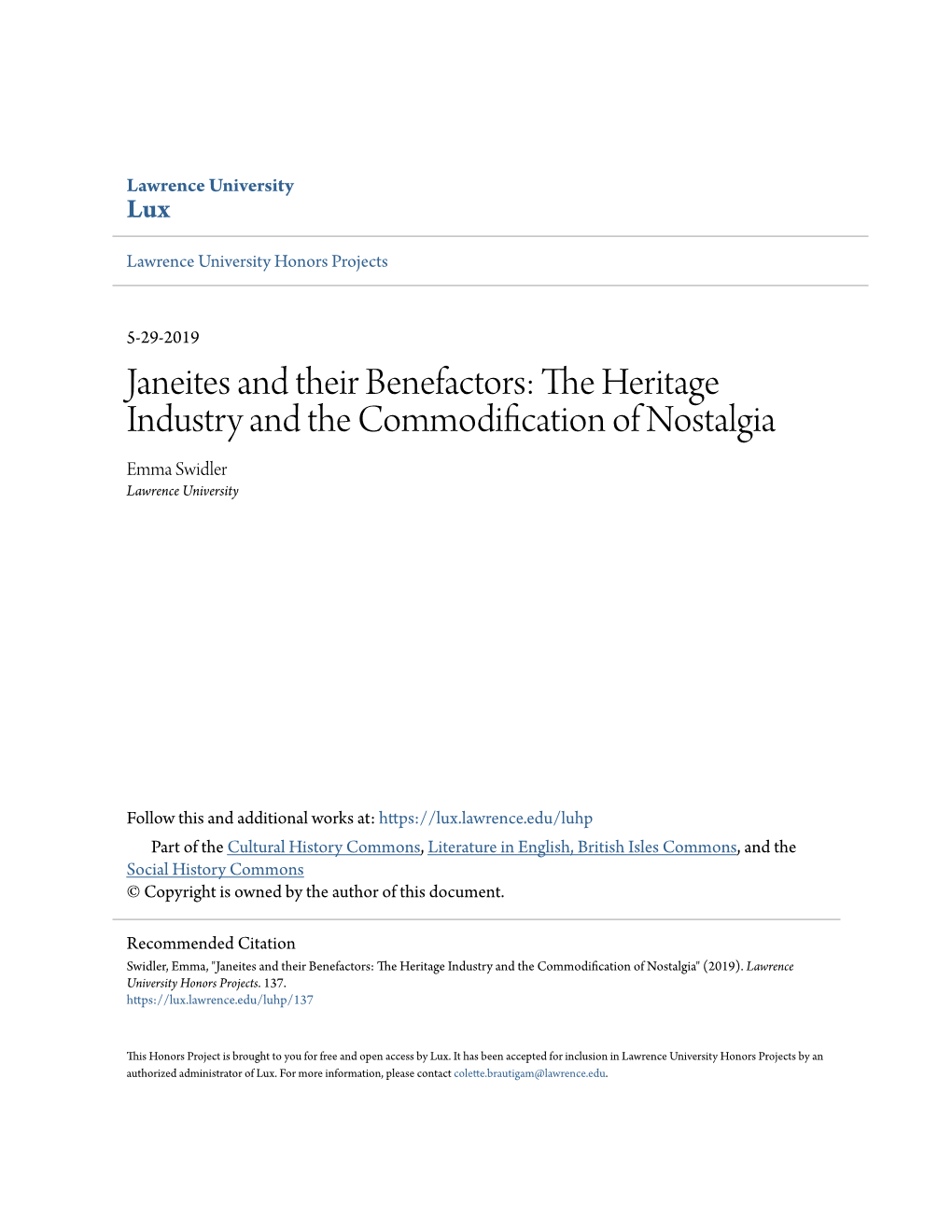 Janeites and Their Benefactors: the Heritage Industry and the Commodification of Nostalgia