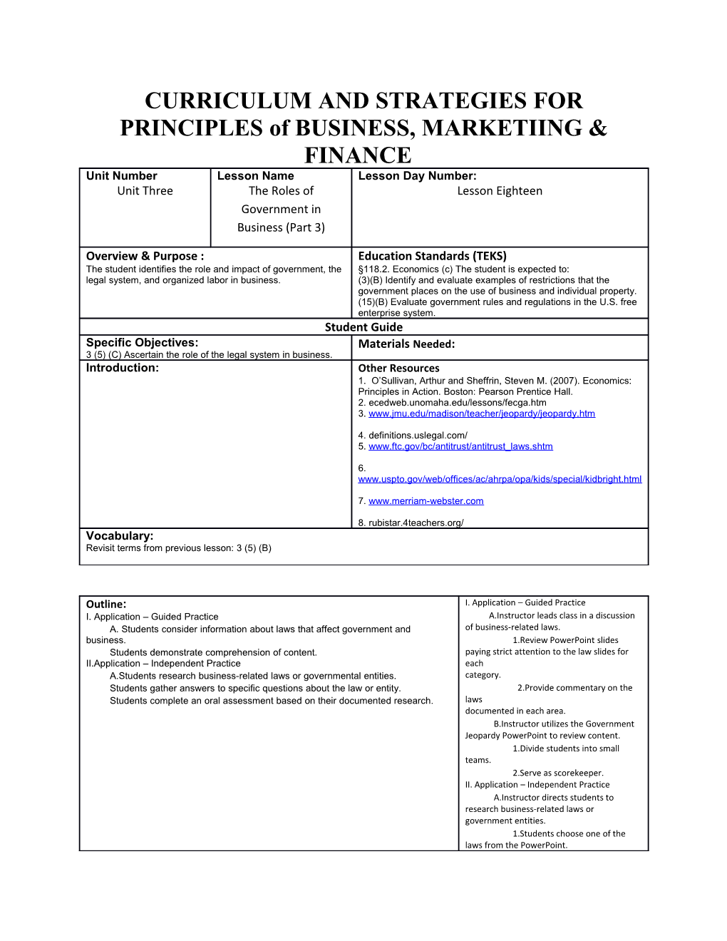 CURRICULUM and STRATEGIES for PRINCIPLES of BUSINESS, MARKETIING & FINANCE