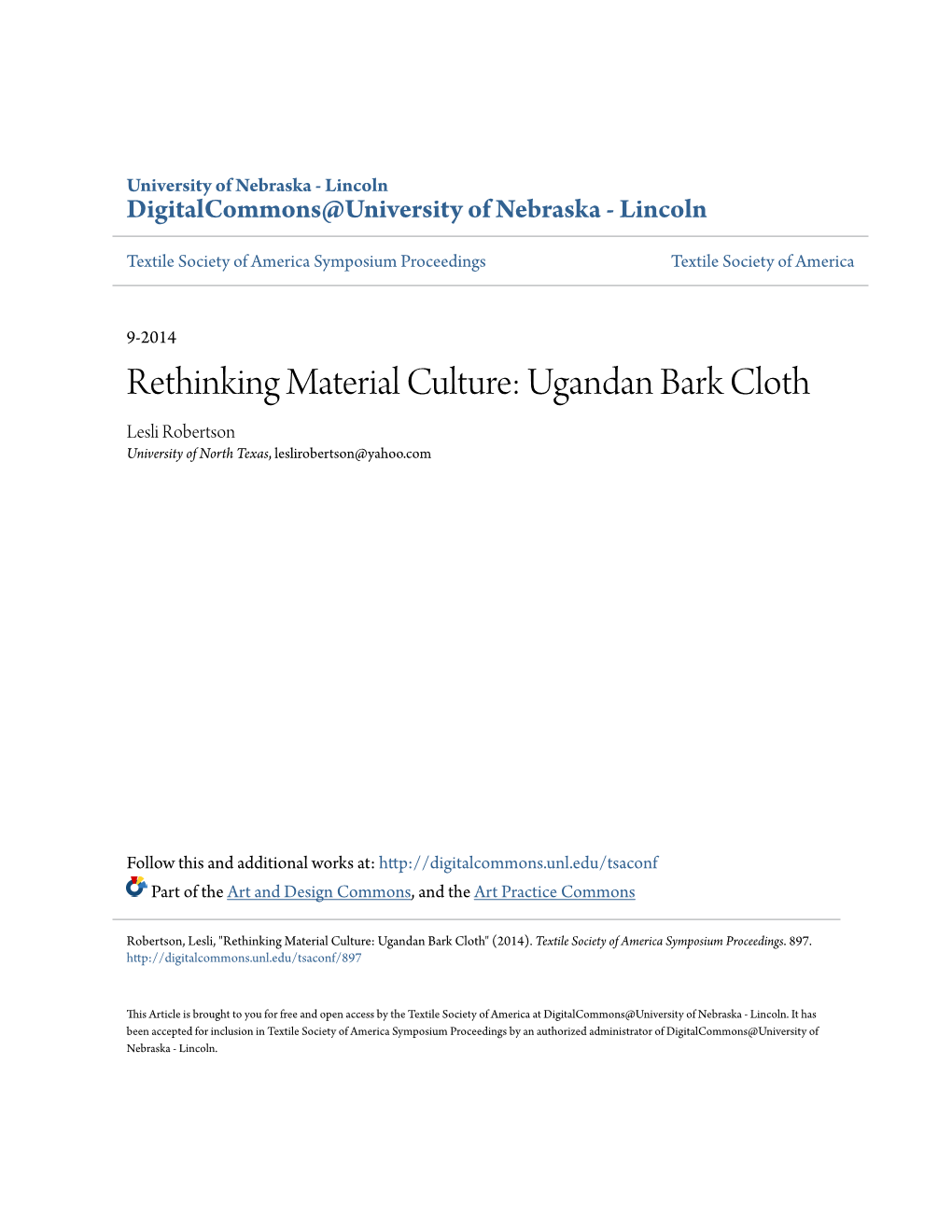Rethinking Material Culture: Ugandan Bark Cloth Lesli Robertson University of North Texas, Leslirobertson@Yahoo.Com