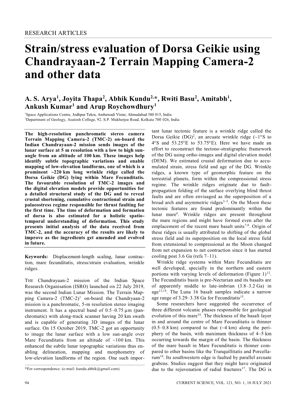 Strain/Stress Evaluation of Dorsa Geikie Using Chandrayaan-2 Terrain Mapping Camera-2 and Other Data