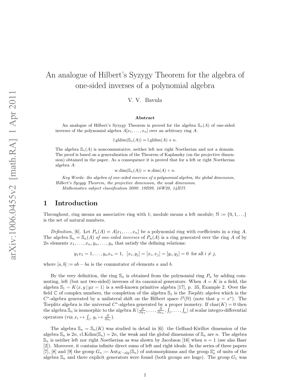 An Analogue of Hilbert's Syzygy Theorem for the Algebra of One-Sided Inverses of a Polynomial Algebra