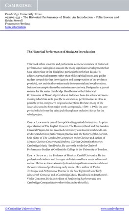 The Historical Performance of Music: an Introduction - Colin Lawson and Robin Stowell Frontmatter/Prelims More Information