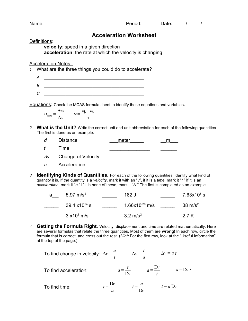 Acceleration Worksheet