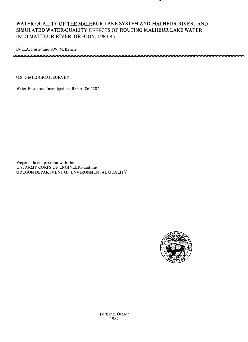 Water Quality of the Malheur Lake System and Malheur River, and Simulated Water-Quality Effects of Routing Malheur Lake Water Into Malheur River, Oregon, 1984-85