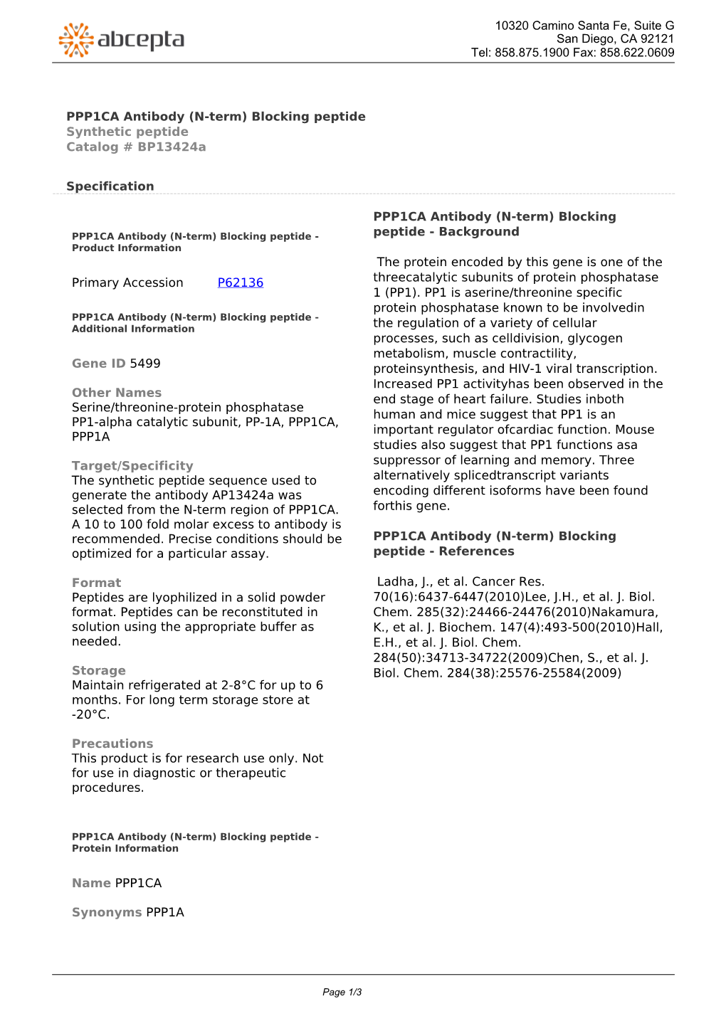 PPP1CA Antibody (N-Term) Blocking Peptide Synthetic Peptide Catalog # Bp13424a