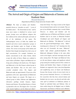 The Arrival and Origin of Gujjars and Bakarwals of Jammu and Kashmir State Muzamil Ahmad Dar Department of History Jiwaji University Gwalior (MP)