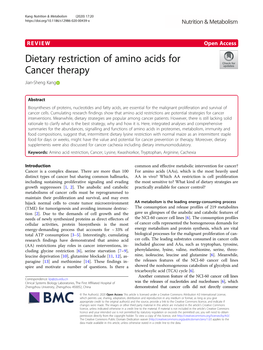 Dietary Restriction of Amino Acids for Cancer Therapy Jian-Sheng Kang
