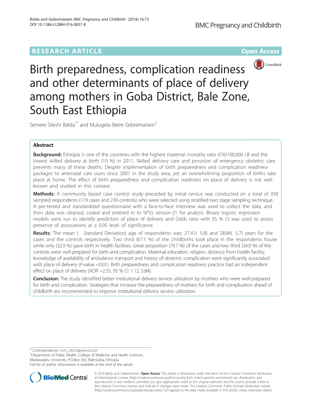 Birth Preparedness, Complication Readiness and Other Determinants