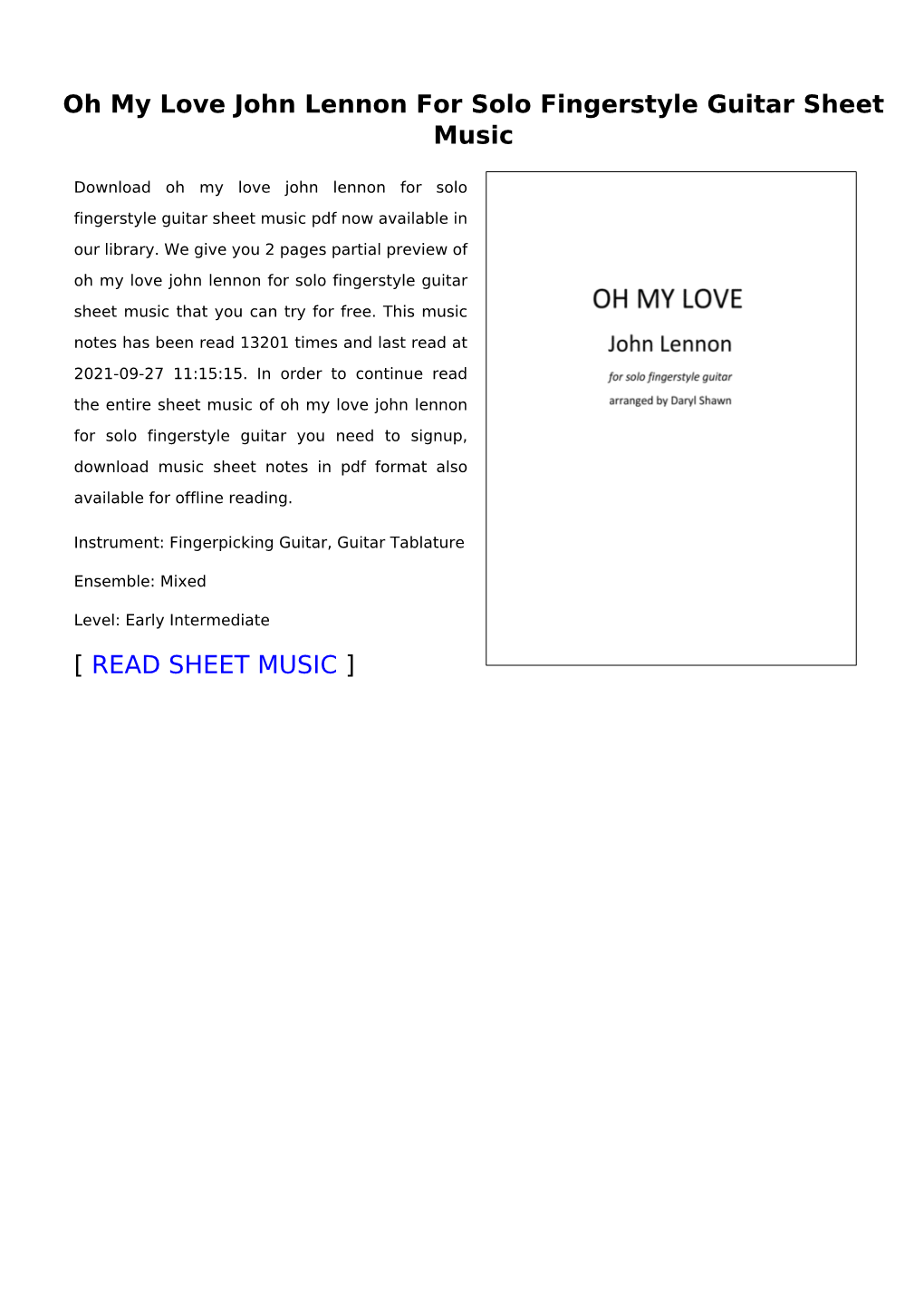 Oh My Love John Lennon for Solo Fingerstyle Guitar Sheet Music