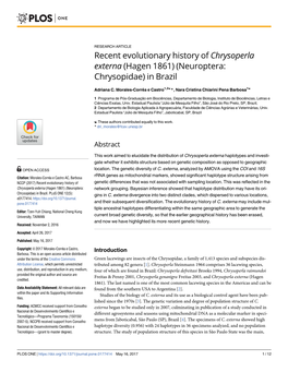 Recent Evolutionary History of Chrysoperla Externa (Hagen 1861) (Neuroptera: Chrysopidae) in Brazil