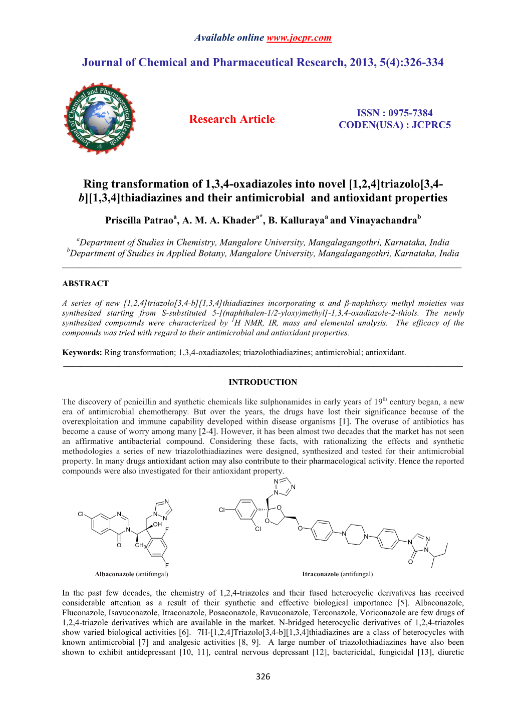 Journal of Chemical and Pharmaceutical Research, 2013, 5(4):326-334 Research Article Ring Transformation of 1,3,4-Oxadiazole