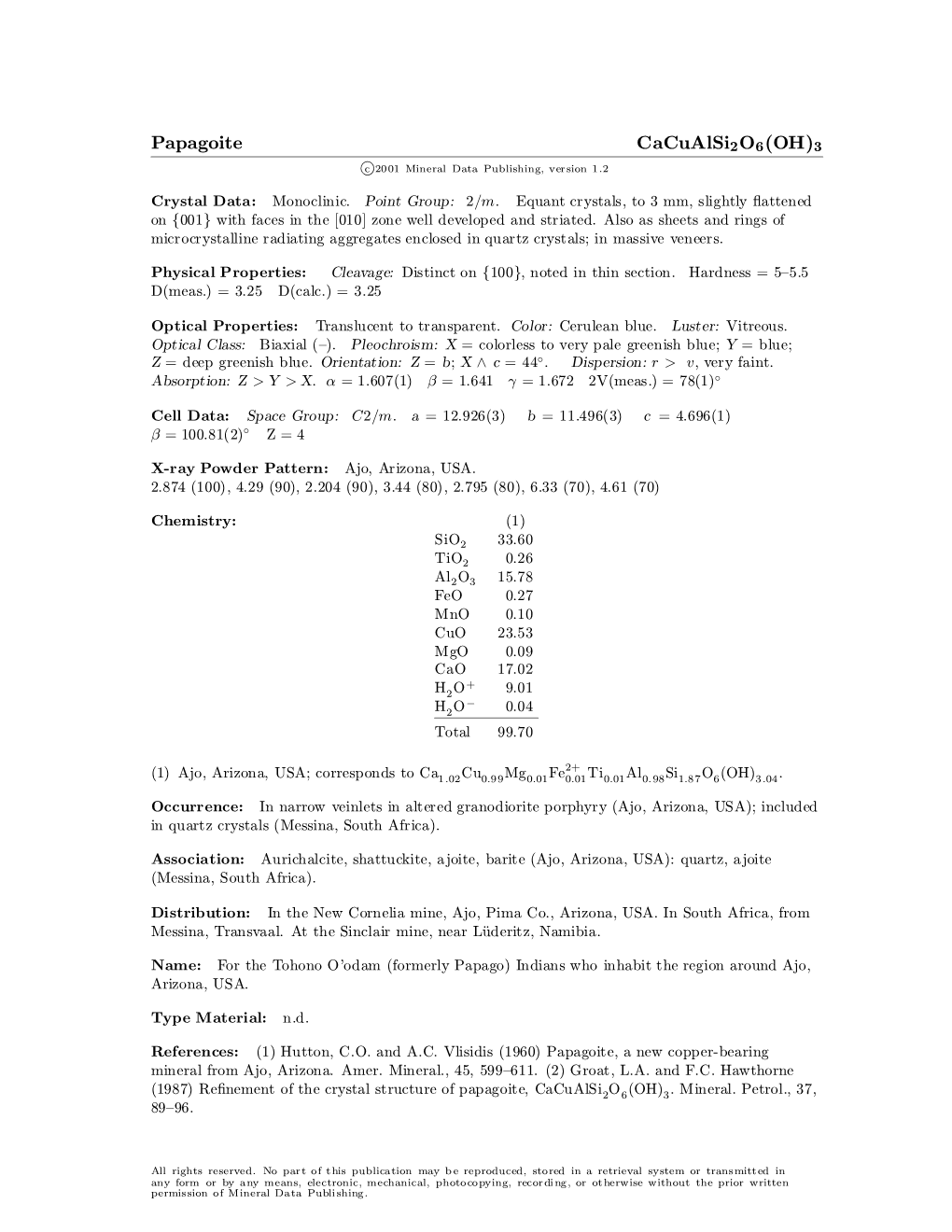 Papagoite Cacualsi2o6(OH)3 C 2001 Mineral Data Publishing, Version 1.2 ° Crystal Data: Monoclinic