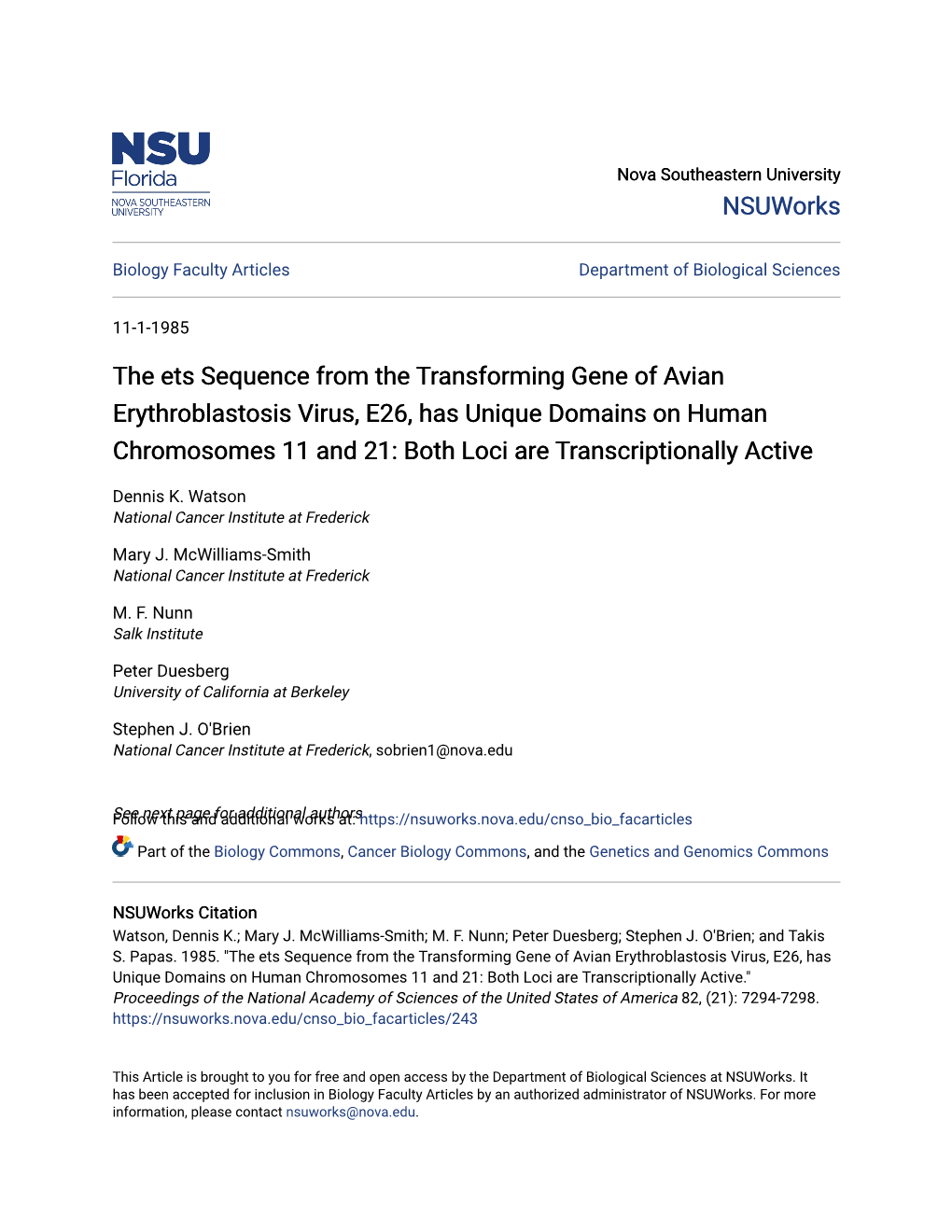 The Ets Sequence from the Transforming Gene of Avian