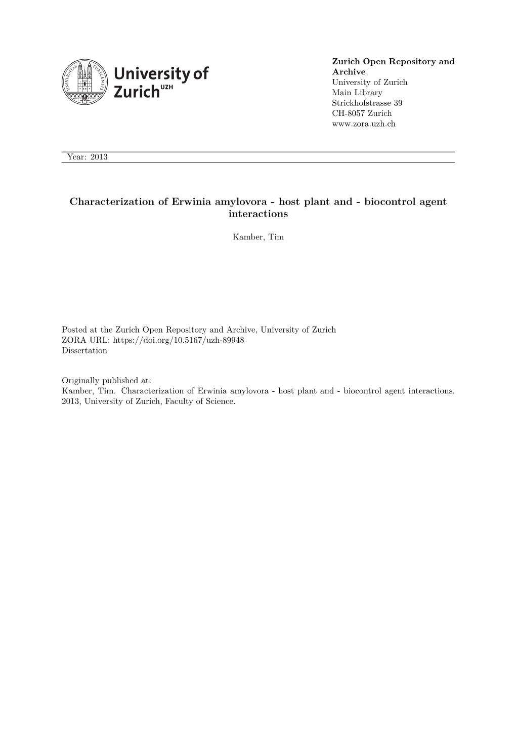 Characterization of Erwinia Amylovora - Host Plant and - Biocontrol Agent Interactions